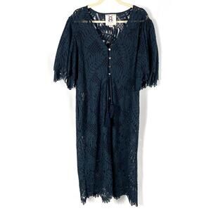 Figue Lace Midi Dress Black V-Neck Button Down Tasseled Short Sleeve Sz‎ S